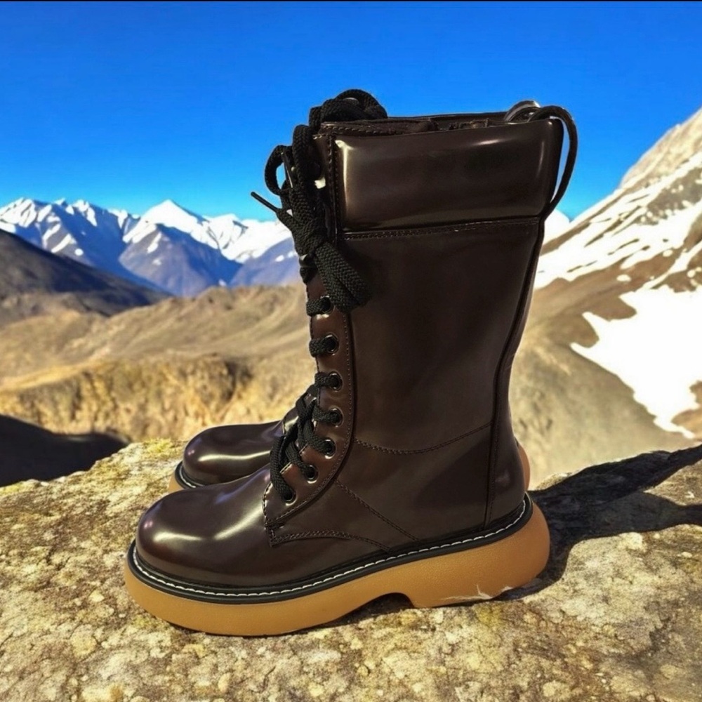 Dream Pairs Glossy Dark Brown Lace-Up Combat Boots - Picture 7 of 17